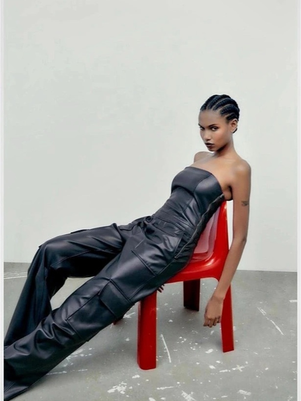 Zara Faux Leather Cargo Jumpsuit Black